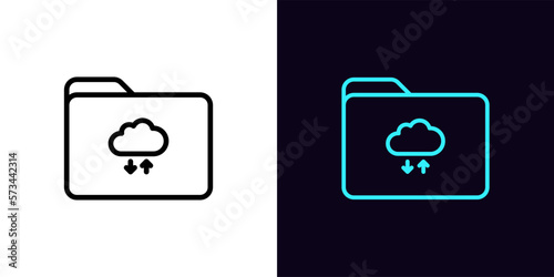 Outline file folder icon, with editable stroke. Folder frame with cloud data update arrows. Remote backup folder, cloud storage and network repository for document exchange.