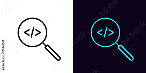 Outline magnifier icon, with editable stroke. Magnifying glass frame with code sign, program development research. Coding analysis, programming script, code optimization.