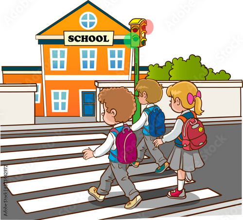 student children crossing pedestrian crossing going to school