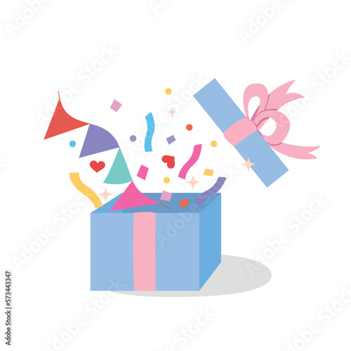 Open gift box banner, gift box with ribbon, unboxing celebration concept.