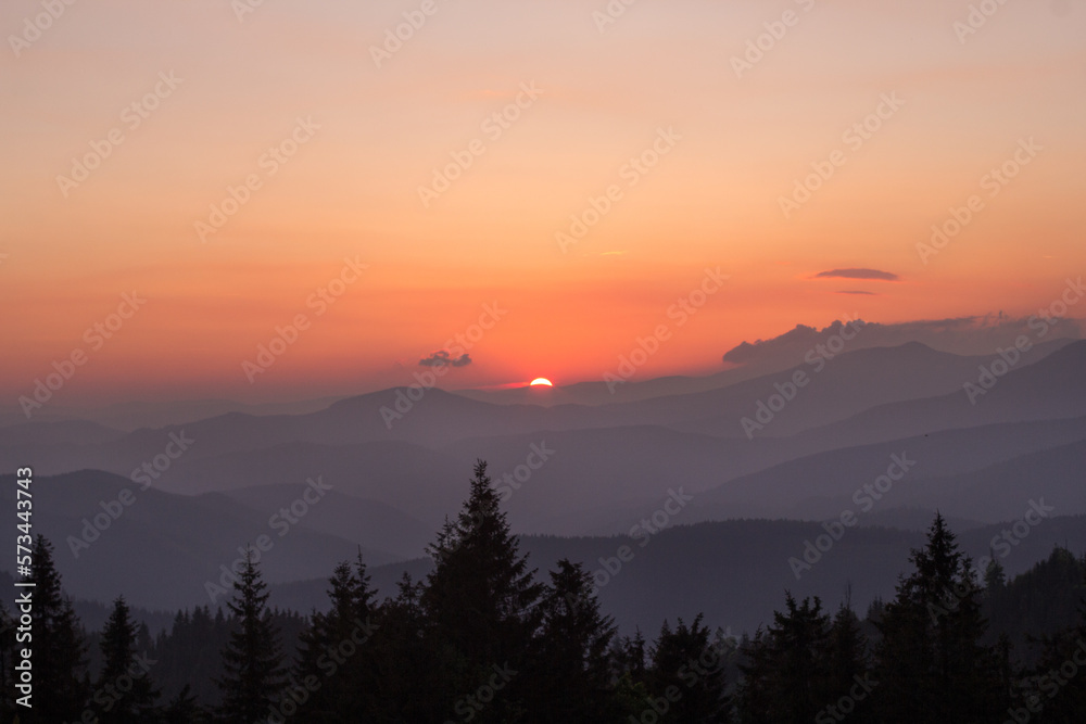 Fading sun hiding behind mountains, spruces silhouettes landscape photo. Beautiful nature scenery photography. Ambient light. High quality picture for wallpaper, travel blog, magazine, article