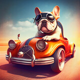 bulldog in a helmet and glasses travels along the road on a sports retro car