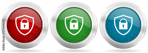 Shield with padlock vector icon set. Red, blue and green silver metallic web buttons with chrome border