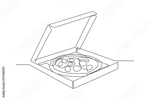 Continuous single one line drawing art of delicious hot cheese pizza in open box. Vector illustration of restaurant menu fast food.