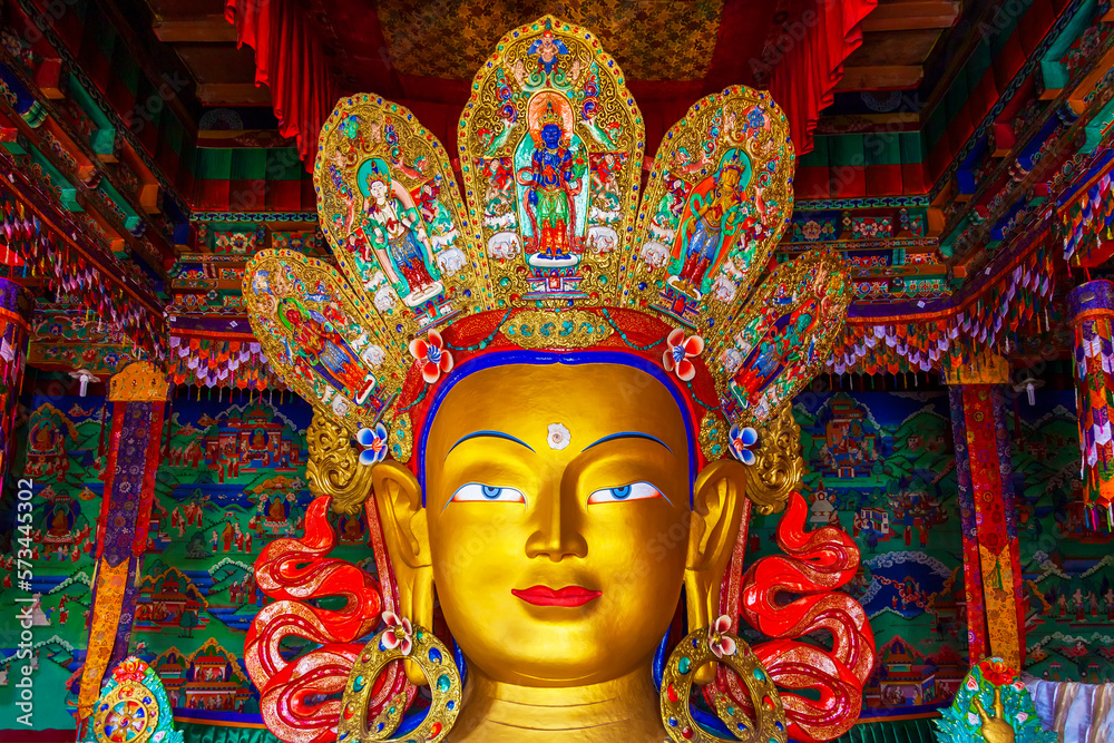 Beautiful and colorful golden buddha statue that call Maitreya Buddha statue in Thiksey monastery temple.Raspectful Bhudda image in Ladakh,India.Art of asia in vintage style. Beautiful and colorful golden buddha statue that call Maitreya Buddha statue in Thiksey monastery temple.Raspectful Bhudda image in Ladakh,India.Art of asia in vintage style.