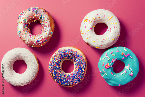 colorful donuts on pink background