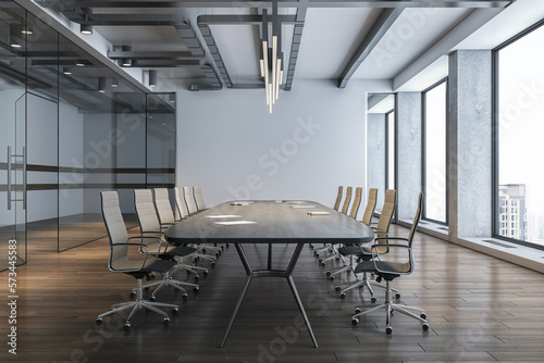 Modern meeting room with glass transparent doors, huge wooden conference table surrounded by stylish chairs on parquet, grey wall background and city view from panoramic windows. 3D rendering