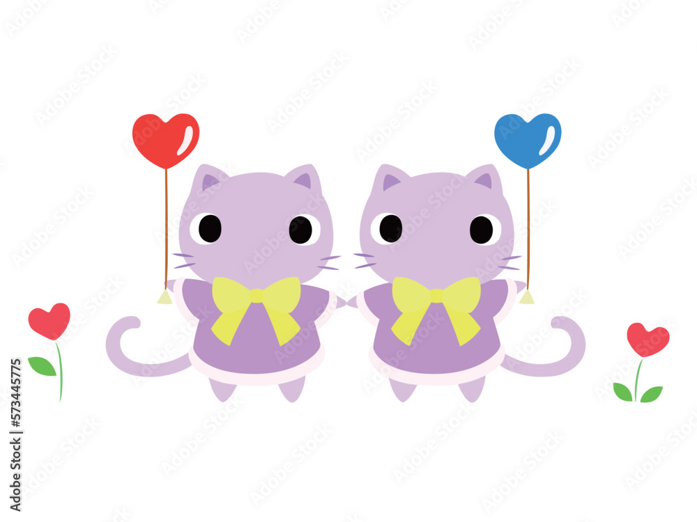 Obraz premium ハートの風船を持つネコの二人組