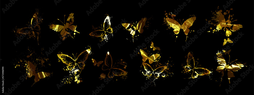 Obraz premium Set of golden butterflies on a black background. Vector illustration