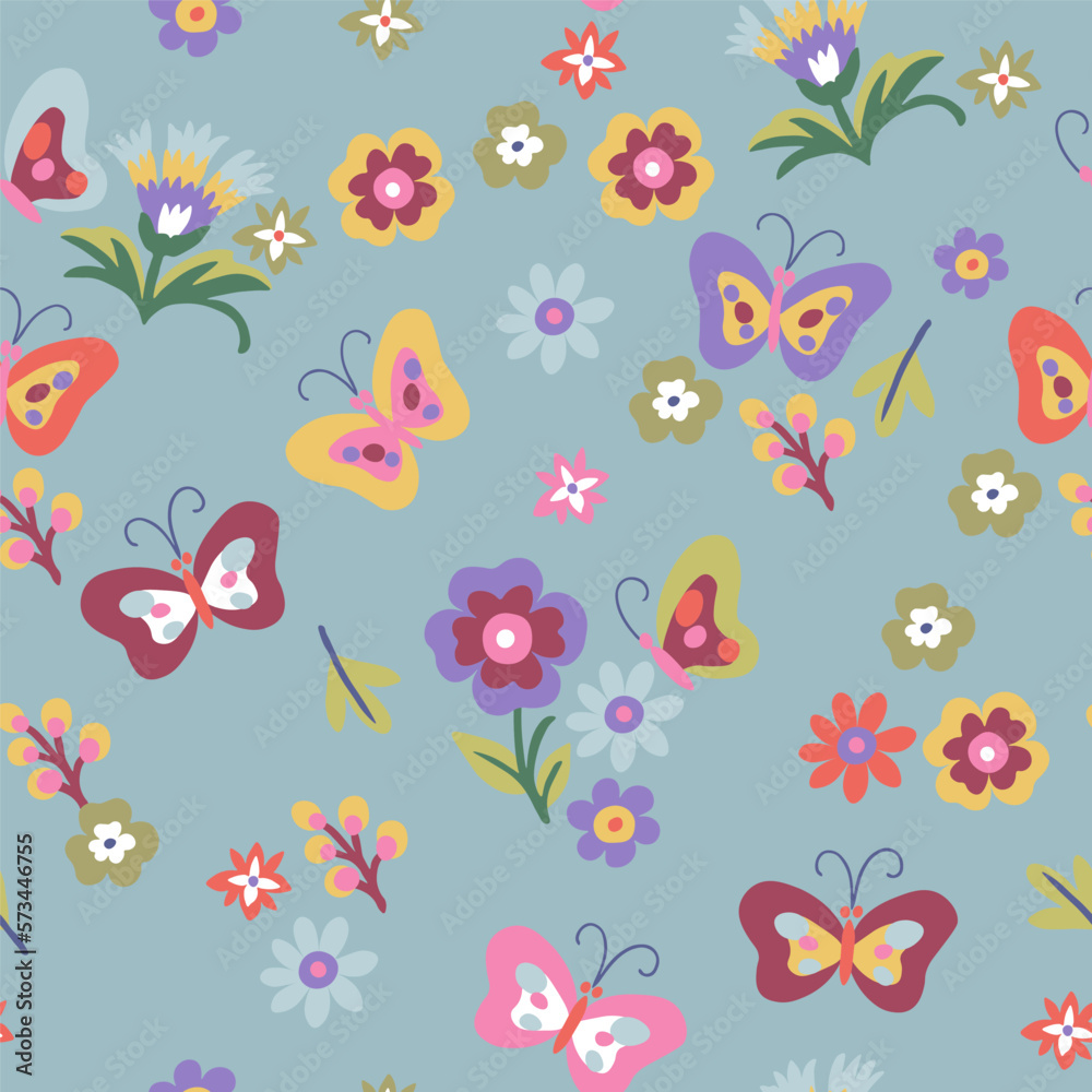 A pattern of small red, pink, purple and green butterflies and flowers on a dark turquoise background. Cute aesthetic composition for wallpaper, print, poster, postcard.