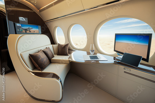 A sleek and stylish private jet with plush furnishings, high-tech equipment, and a sky high view - Generative AI © Florian