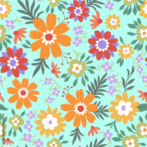 A pattern of orange-red, green and purple flowers with green leaves on a bright turquoise background.