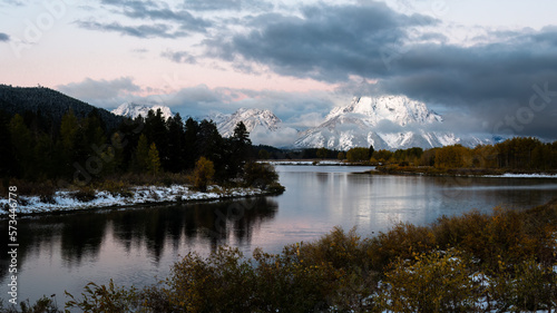 Oxbow Bend on Snake river with Mt Moran reflected in the river at dawn. Grand Teton National park.