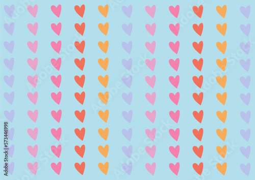 Abstract handmade heart pattern background. Heart pastel color pattern background. Cute seamless pattern with violet, pink, red and orange heart shaped confetti in pastel colors.