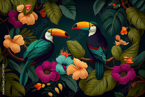 Toucans on colorful background with plants created with AI 