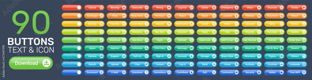 Buttons collection with text and icons. Set of colorful button containing download, like, message, share, upload, subscribe, reply, read more, click here, send, open link, edit, account and much more. Buttons collection with text and icons. Set of colorful button containing download, like, message, share, upload, subscribe, reply, read more, click here, send, open link, edit, account and much more.