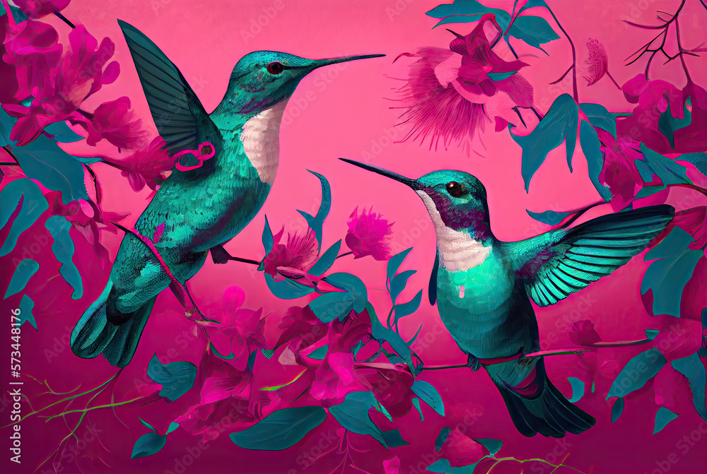 Fototapeta premium Hummingbirds on colorful background created with AI