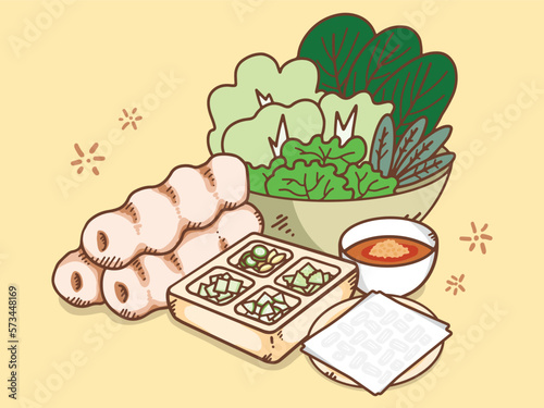 Vietnamese Meatball Wraps (Nem Nuong or Nam Neung), Asian food hand drawn isolated on white background, vector illustration.
