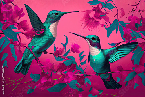 Hummingbirds on colorful background created with AI