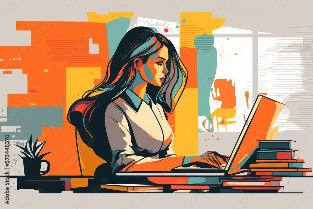 Woman working on desk with laptop productive work. Flat design. Generative ai. Woman working on desk with laptop productive work. Flat design. Generative ai.