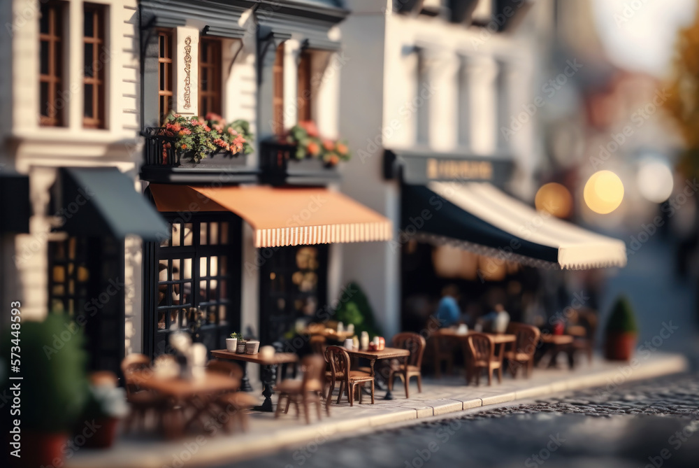 Tilt-Shift,Macro View From the Street of coffee cafe in Tiny Little Town Paris City in daytime, Generative ai. Tilt-Shift,Macro View From the Street of coffee cafe in Tiny Little Town Paris City in daytime, Generative ai.