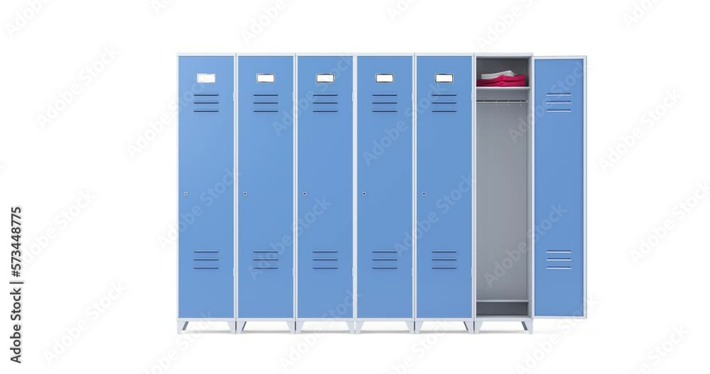 4k Resolution Video: Row of Six Blue Metal Lockers, One Locker Has a Door Opening. The High Quality Animation on a White Background with Alpha Matte 4k Resolution Video: Row of Six Blue Metal Lockers, One Locker Has a Door Opening. The High Quality Animation on a White Background with Alpha Matte