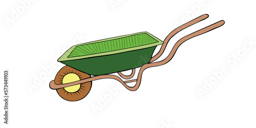 Garden wheelbarrow in hand drawn doodle style isolated on white background. Vector colorful clip art, illustration. Gardening element. Tools for working on farm, country site