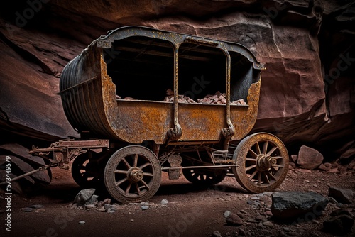 illustration,an old rusty wagon in an underground mine,generative ai