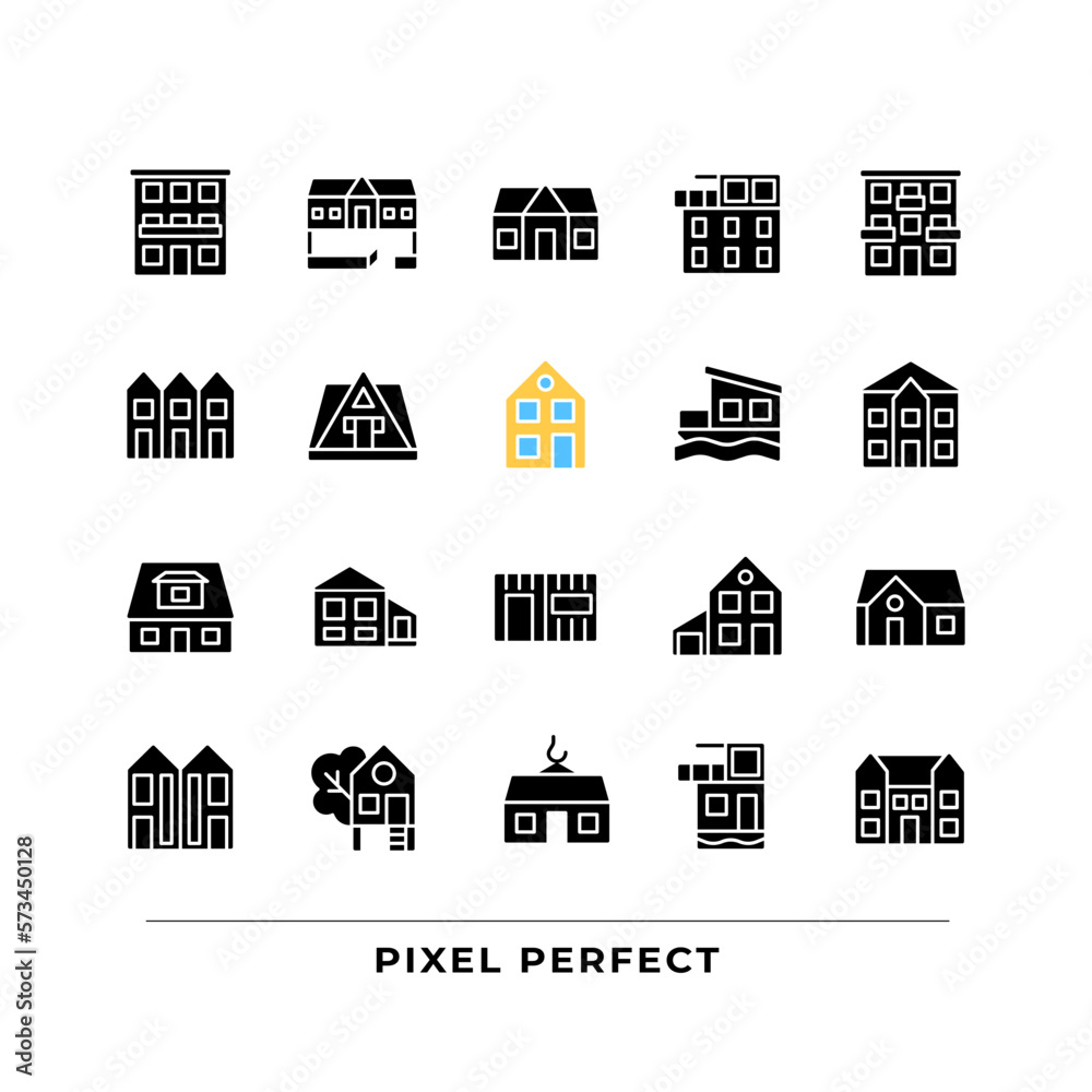 Home exteriors black glyph icons set on white space. Real estate agency. Buying property. Detached house, mansion. Silhouette symbols. Solid pictogram pack. Vector isolated illustration