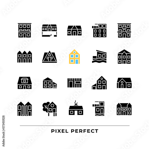 Home exteriors black glyph icons set on white space. Real estate agency. Buying property. Detached house, mansion. Silhouette symbols. Solid pictogram pack. Vector isolated illustration
