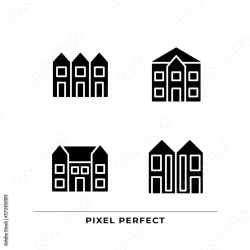 Luxury houses black glyph icons set on white space. Townhouse and mansion. Single family detached home. Buying property. Silhouette symbols. Solid pictogram pack. Vector isolated illustration