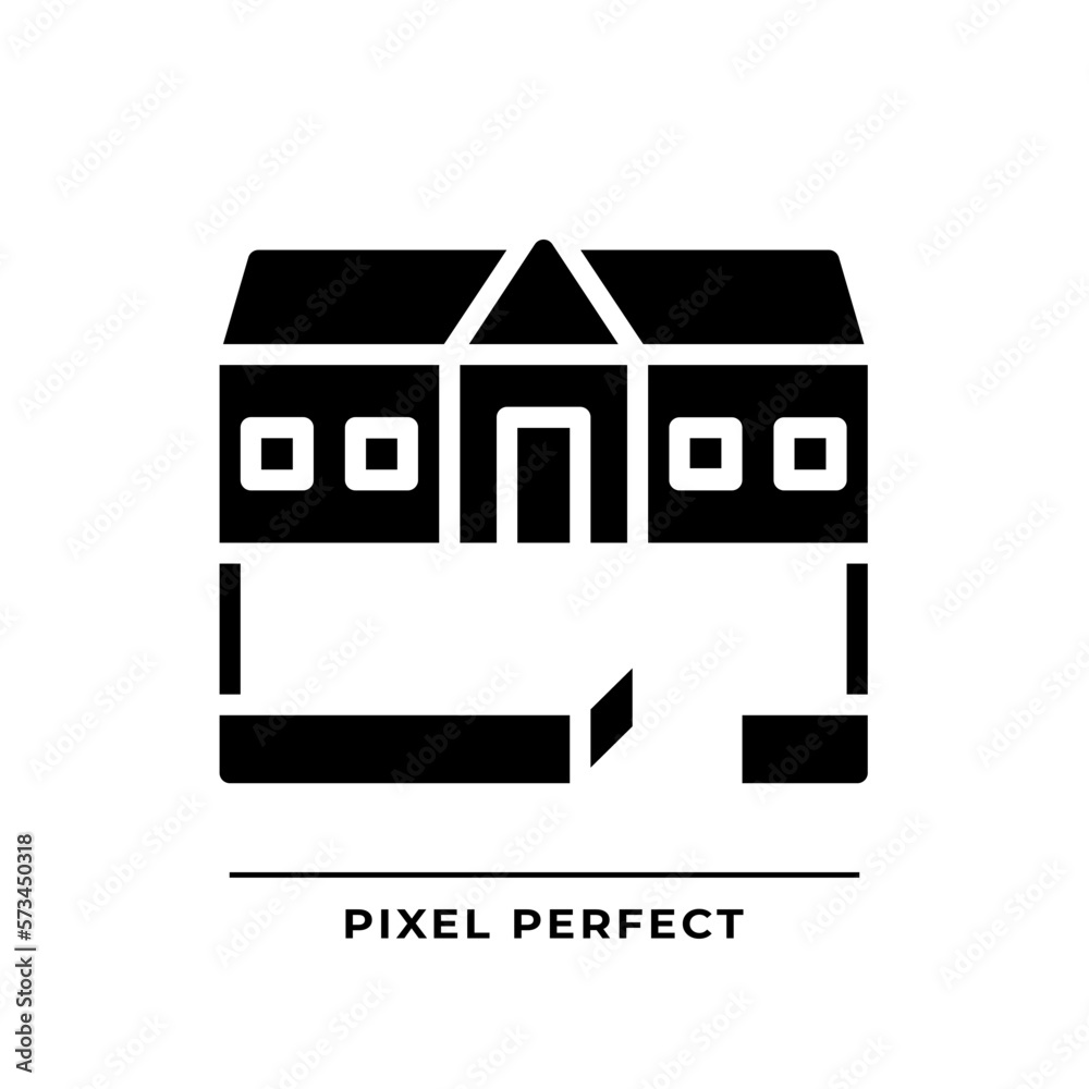 Ranch house black glyph icon. Single story building. Architecture style. Home facade. Farmland. Real estate. Silhouette symbol on white space. Solid pictogram. Vector isolated illustration Ranch house black glyph icon. Single story building. Architecture style. Home facade. Farmland. Real estate. Silhouette symbol on white space. Solid pictogram. Vector isolated illustration