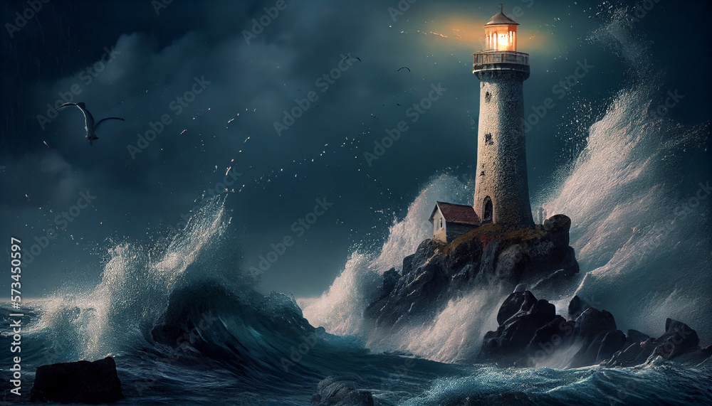A lighthouse in stones glowing against dark storm clouds, generative ai