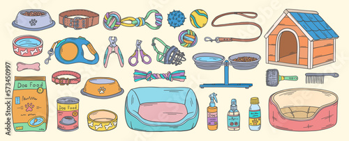 Pet shop doodles set. Dog care products. Veterinary accessories. Dog food bowl. Pet supplies. Puppy toys and treats. Dog collar, leash, muzzle. Grooming supplies. Kennel.