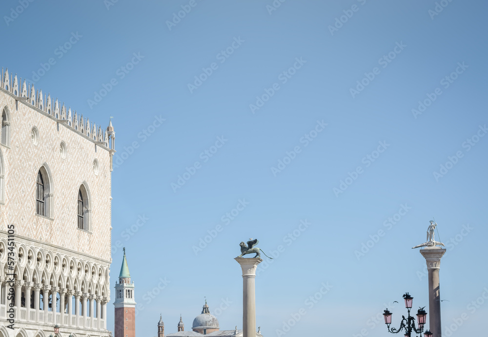 Background with landmarks elements of St. Mark's Square and blue sky with copy space