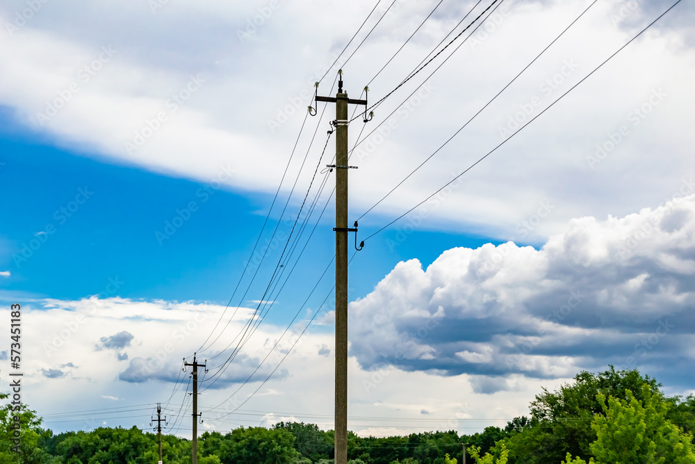 Power electric pole with line wire on colored background close up Power electric pole with line wire on colored background close up
