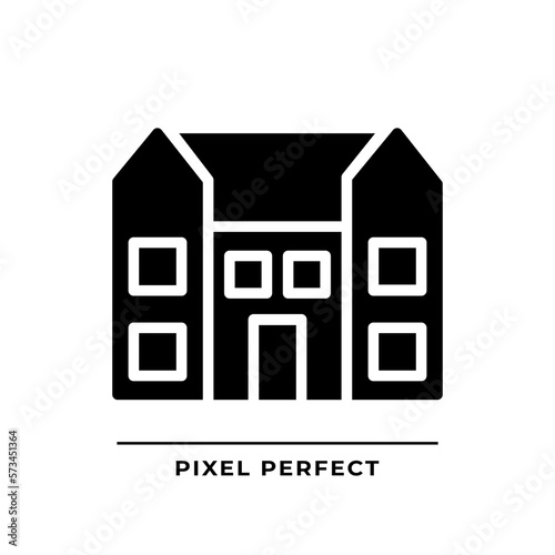 Mansion black glyph icon. Large dwelling house. Luxury real estate. Purchase expensive property. Residence. Silhouette symbol on white space. Solid pictogram. Vector isolated illustration