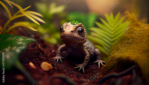 Macro picture of a tiny adorable baby dinosaur  generative ai
