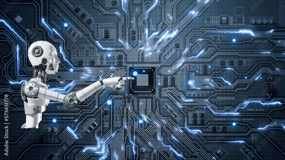 Robotic touching digital circuit board, Futuristic AI Artificial ...