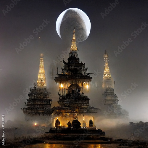 Concept Image of Pagoda at night fully faithful, digital illustration generate by AI.