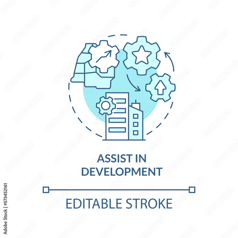 Assist in development turquoise concept icon. Industrialization. Private sector role abstract idea thin line illustration. Isolated outline drawing. Editable stroke. Arial, Myriad Pro-Bold fonts used Assist in development turquoise concept icon. Industrialization. Private sector role abstract idea thin line illustration. Isolated outline drawing. Editable stroke. Arial, Myriad Pro-Bold fonts used