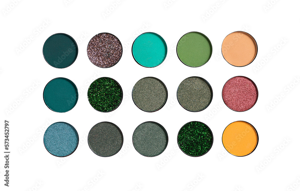 Palette of colorful eye shadows. pearlescent shades, flat lay on an isolated white background Palette of colorful eye shadows. pearlescent shades, flat lay on an isolated white background