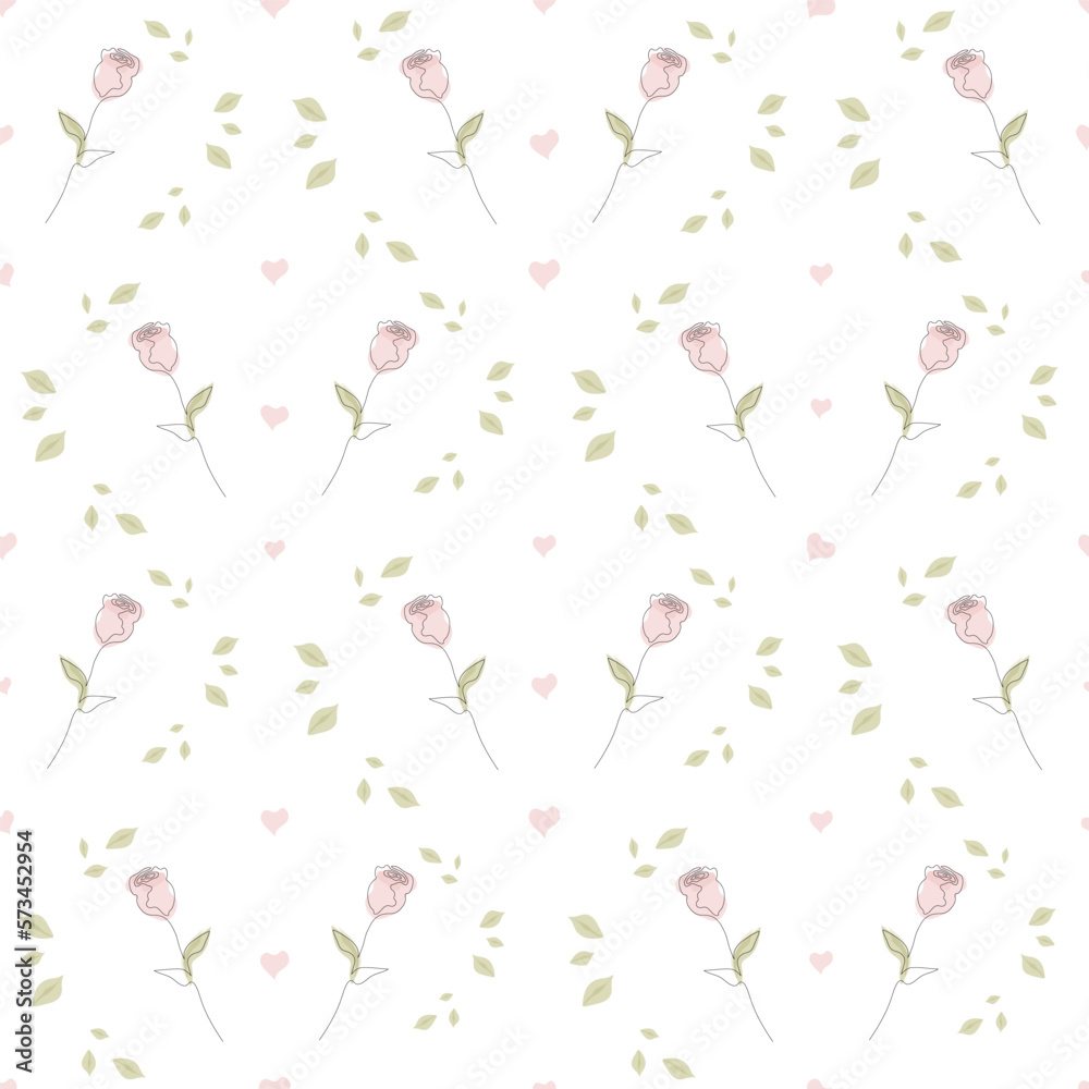 Seamless pattern with hand drawn rose flower continuous one line art. Minimalist contour drawing monoline pastel rose seamless pattern.