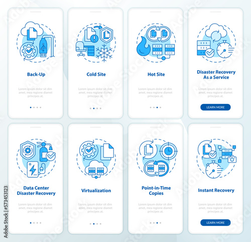 Disaster recovery blue onboarding mobile app screens set. Walkthrough 4 steps editable graphic instructions with linear concepts. UI, UX, GUI template. Myriad Pro-Bold, Regular fonts used