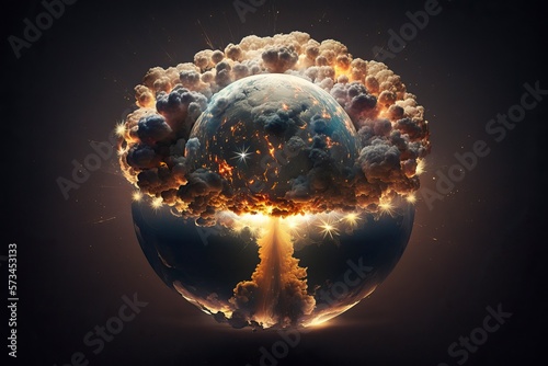earth mixed with a nuclear explosion view from space, dramatic illustration, world war 3