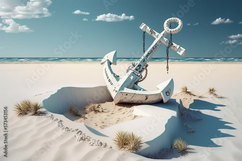 Tela A boat anchor stuck in the white sand beach 15 natif space created with generati