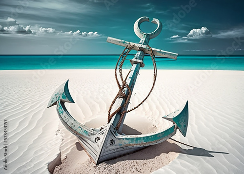A boat anchor stuck in the white sand beach 15 natif space created with generative AI technology