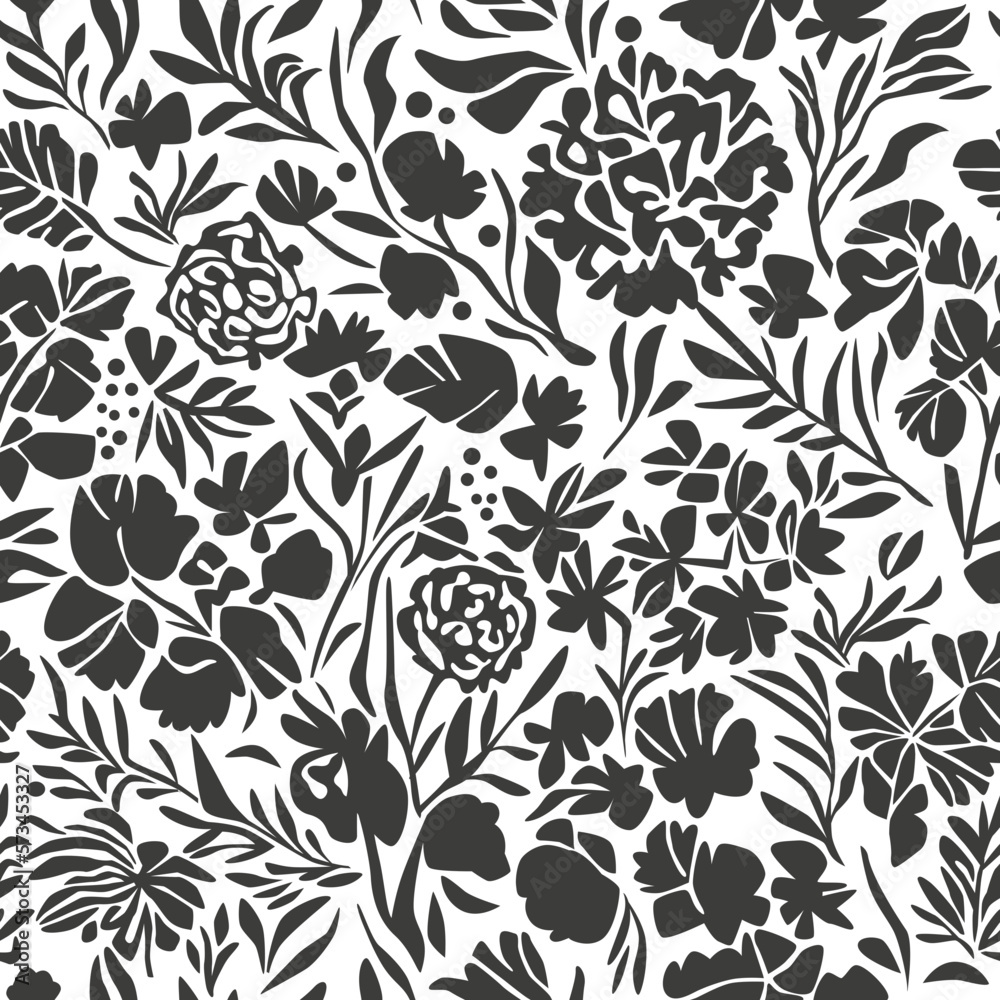 Black and white floral pattern, seamless botany vector illustration. Abstract Leaves and flowers Black and white floral pattern, seamless botany vector illustration. Abstract Leaves and flowers