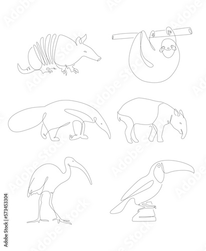 One line animals from South America. Unusual spicies line art. Animal and bird linear Vektor Grafik. Tapir and ant-eater