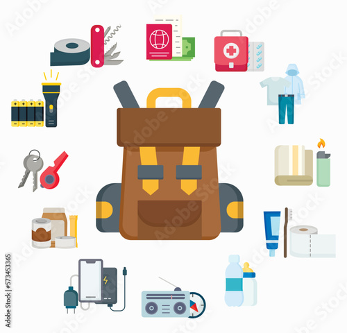 Backpack with survival kit objects. survival emergency kit for evacuation or disasters inside the backpack. Flat color icons